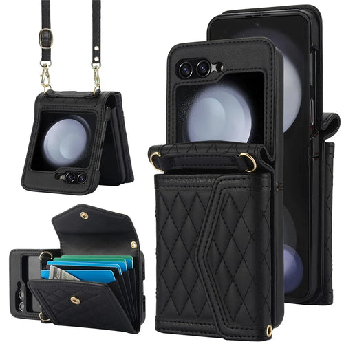 For Samsung Galaxy Z Flip7 FE 5G / Z Flip6 5G Case Card Holders PU Leather+PC Phone Cover with Detachable Shoulder Strap - Black - 1