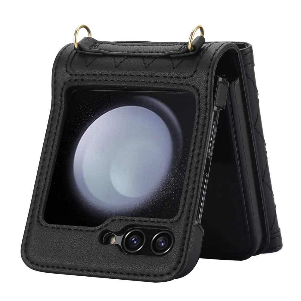 For Samsung Galaxy Z Flip7 FE 5G / Z Flip6 5G Case Card Holders PU Leather+PC Phone Cover with Detachable Shoulder Strap - Black - 2