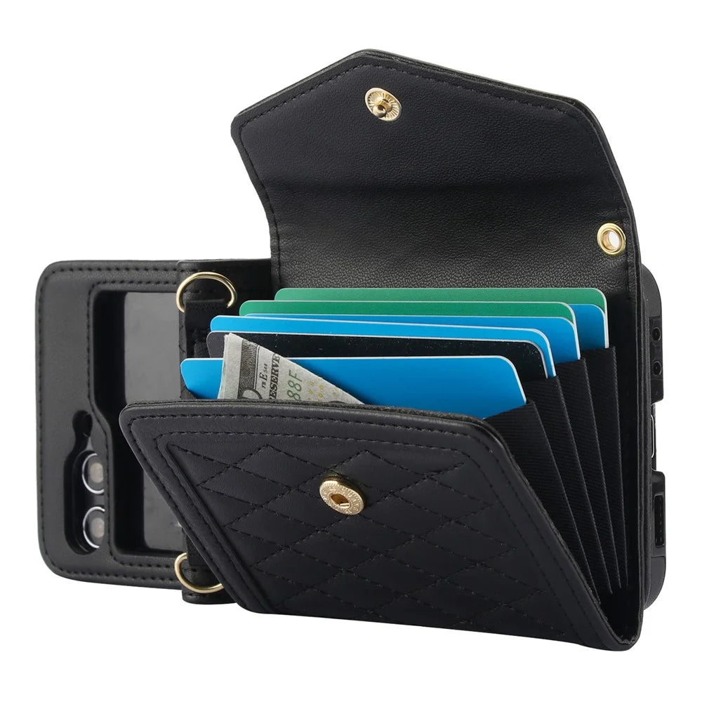 For Samsung Galaxy Z Flip7 FE 5G / Z Flip6 5G Case Card Holders PU Leather+PC Phone Cover with Detachable Shoulder Strap - Black - 3