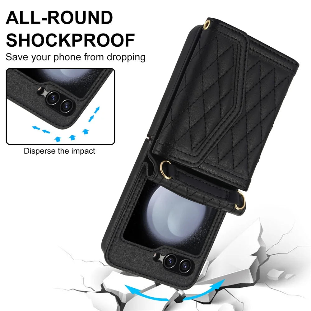 For Samsung Galaxy Z Flip7 FE 5G / Z Flip6 5G Case Card Holders PU Leather+PC Phone Cover with Detachable Shoulder Strap - Black - 5