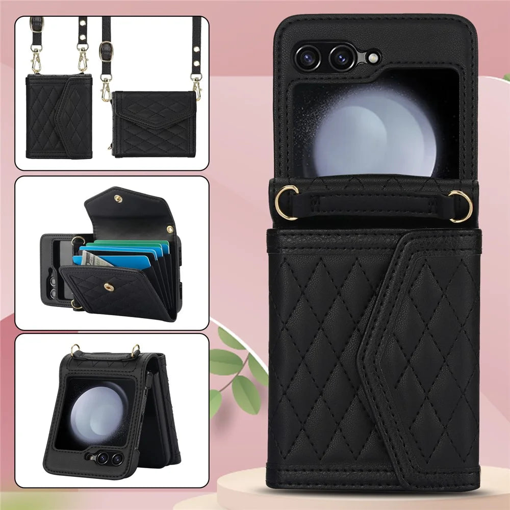 For Samsung Galaxy Z Flip7 FE 5G / Z Flip6 5G Case Card Holders PU Leather+PC Phone Cover with Detachable Shoulder Strap - Black - 7