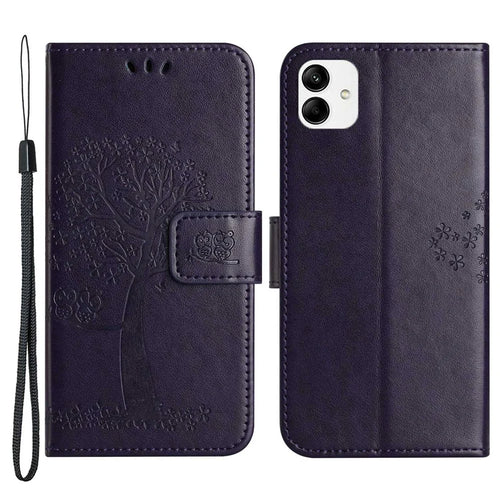 For Samsung Galaxy A04 4G (164.4 x 76.3 x 9.1 mm) / M13 5G Anti-fall PU Leather Phone Case Imprinted Owl Tree Pattern Flip Wallet Cover Stand - Dark Purple - 1