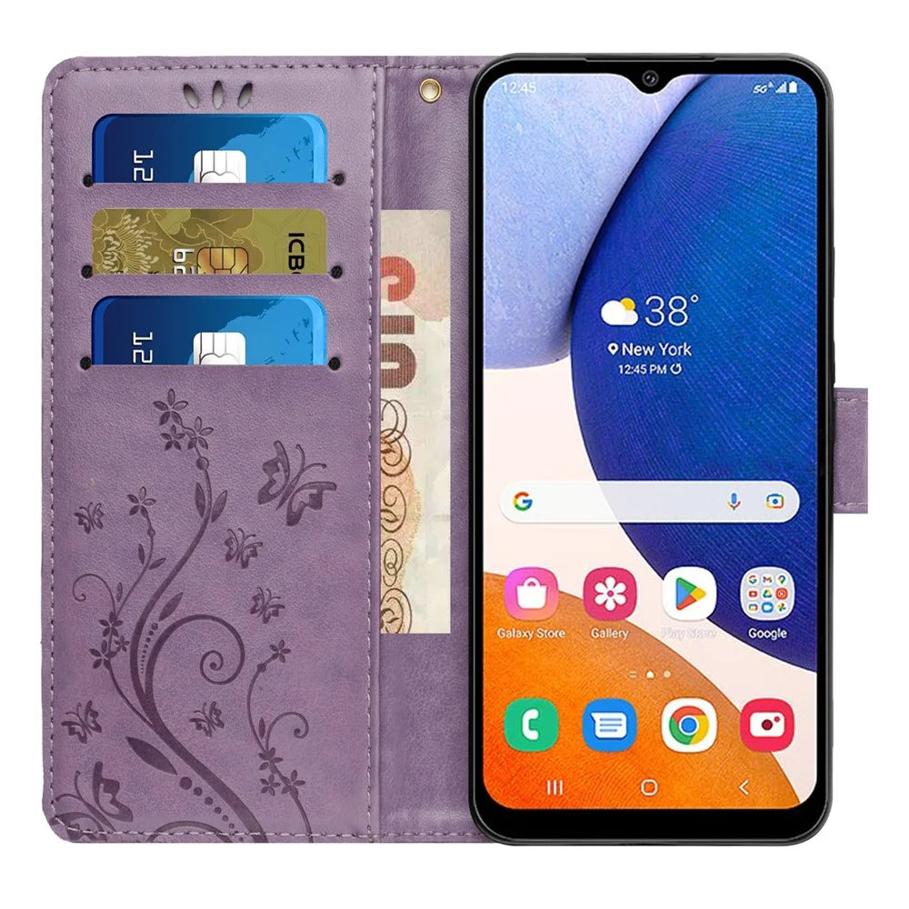 For Samsung Galaxy S24 FE Phone Case Butterfly Flower Imprinted Leather Flip Cover - Light Purple - 2