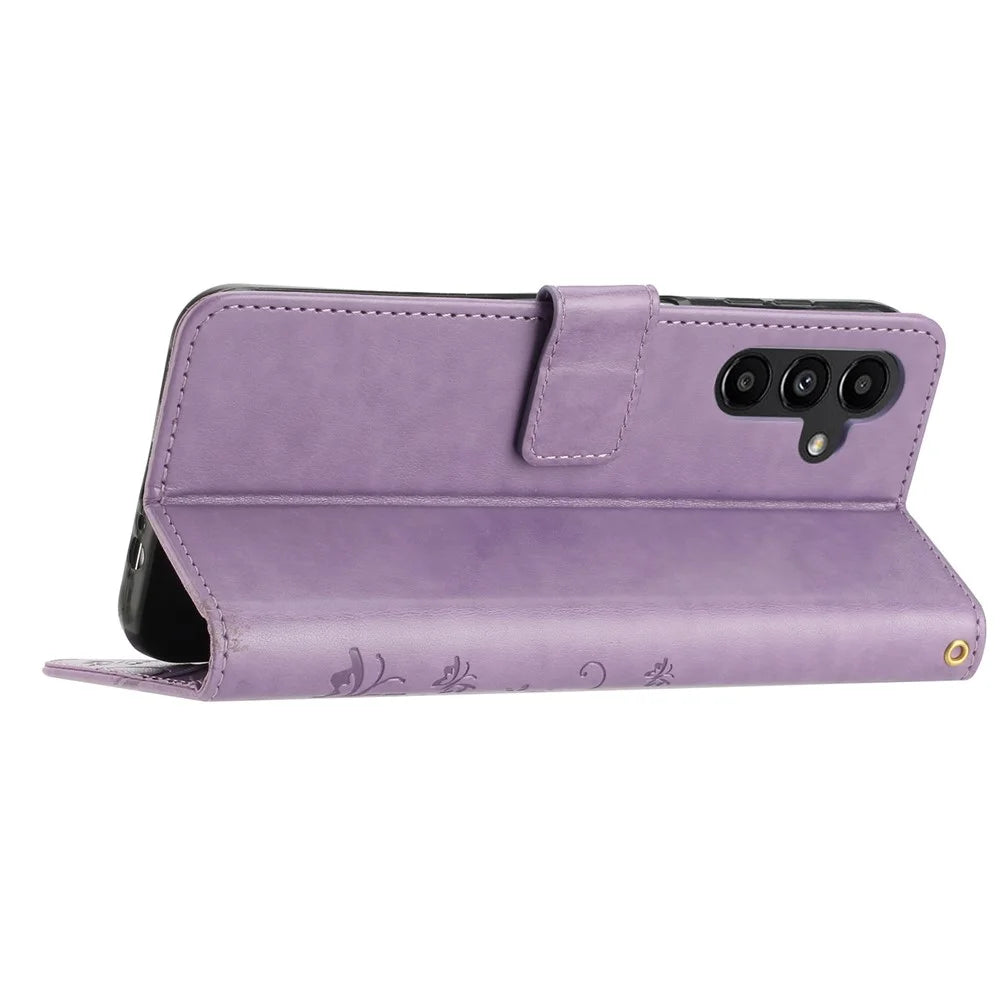 For Samsung Galaxy S24 FE Phone Case Butterfly Flower Imprinted Leather Flip Cover - Light Purple - 4