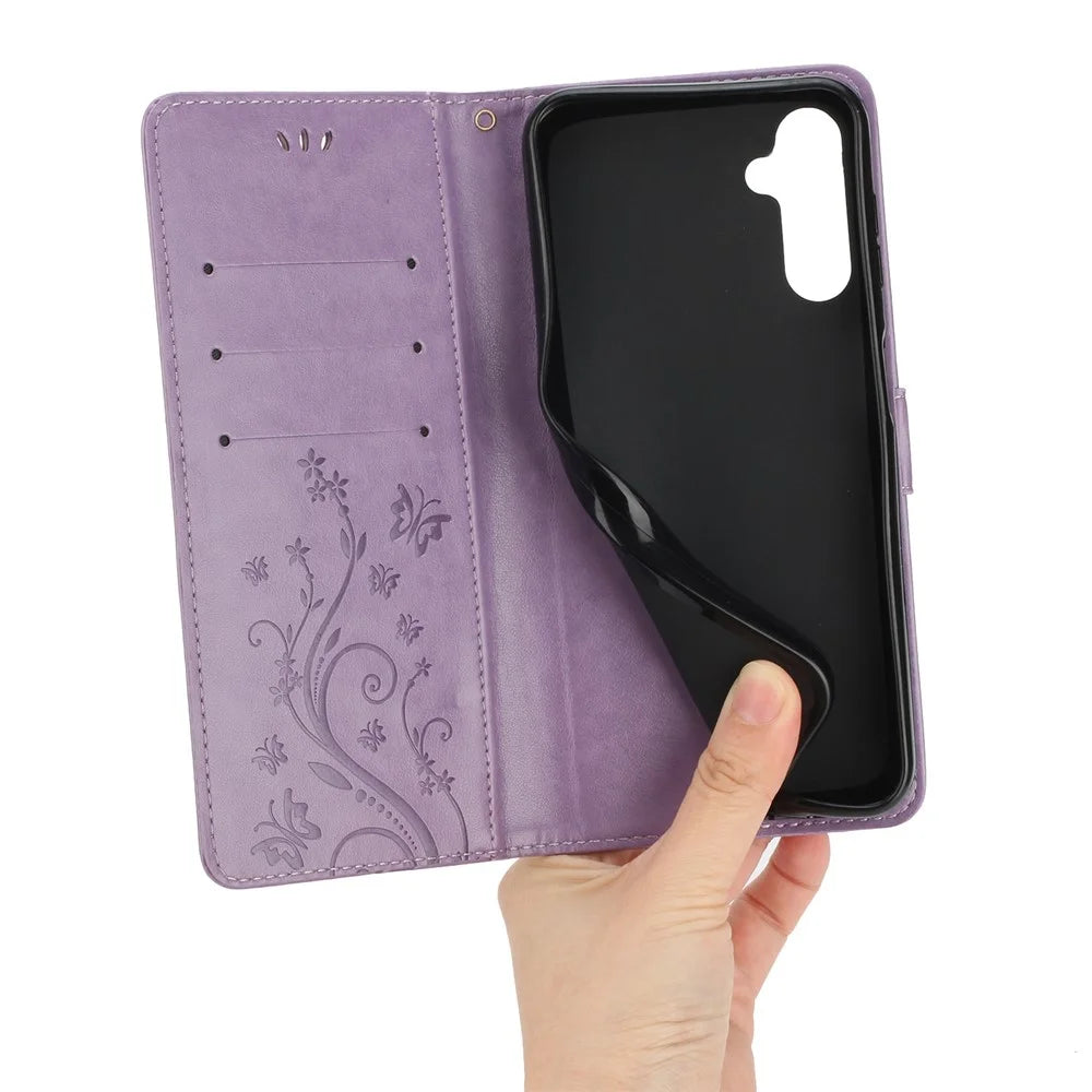 For Samsung Galaxy S24 FE Phone Case Butterfly Flower Imprinted Leather Flip Cover - Light Purple - 5
