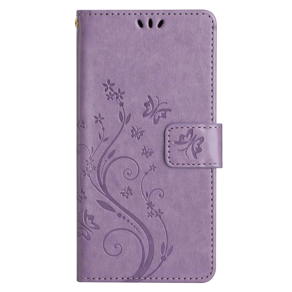 For Samsung Galaxy S24 FE Phone Case Butterfly Flower Imprinted Leather Flip Cover - Light Purple - 6