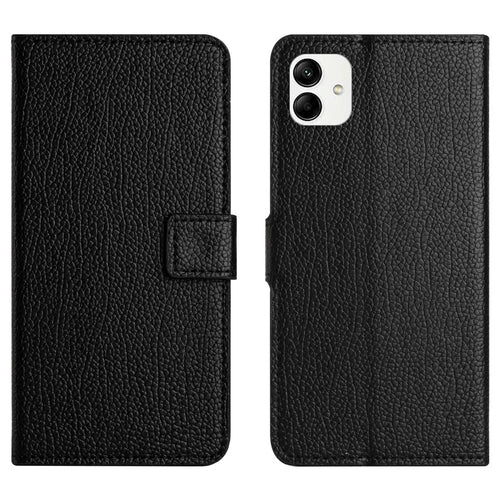 Flip Wallet Case For Samsung Galaxy A04 4G (164.4 x 76.3 x 9.1 mm) / M13 5G, Shockproof Litchi Texture PU Leather Phone Cover Stand - Black - 1