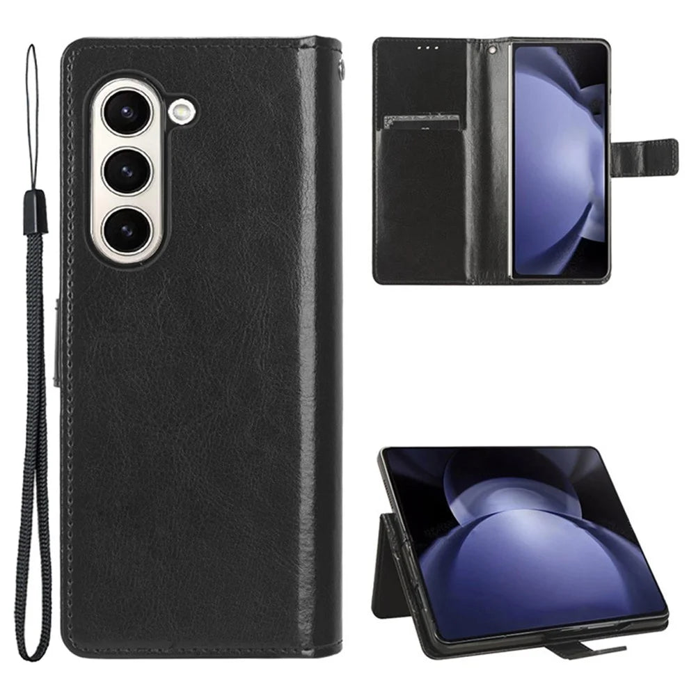 For Samsung Galaxy Z Fold6 5G Case Crazy Horse Texture Leather Folding Phone Cover - Black - 1