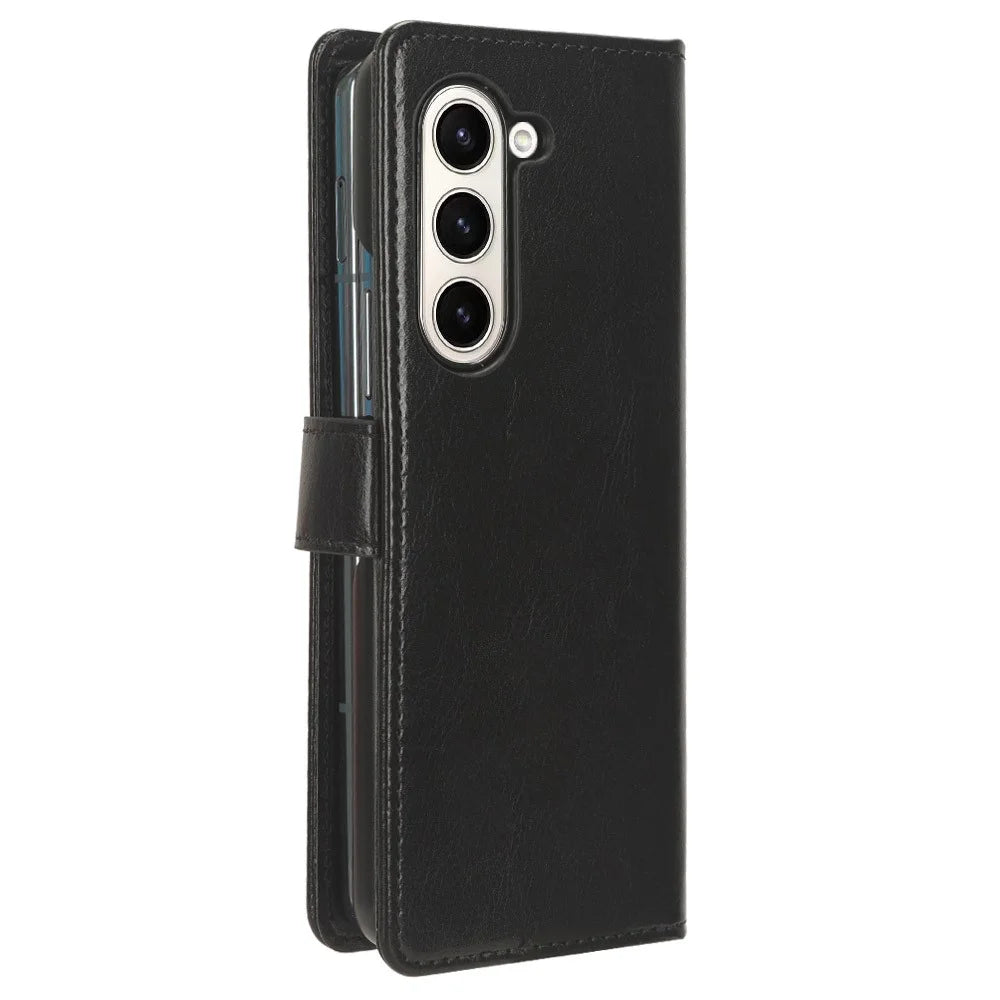 For Samsung Galaxy Z Fold6 5G Case Crazy Horse Texture Leather Folding Phone Cover - Black - 5