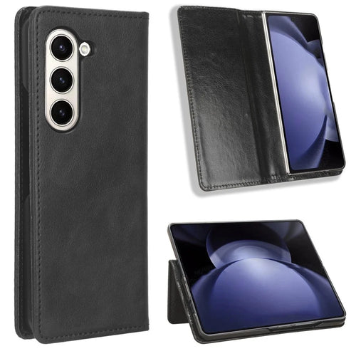 For Samsung Galaxy Z Fold6 5G Case PU Leather Retro Phone Stand Cover - Black - 1