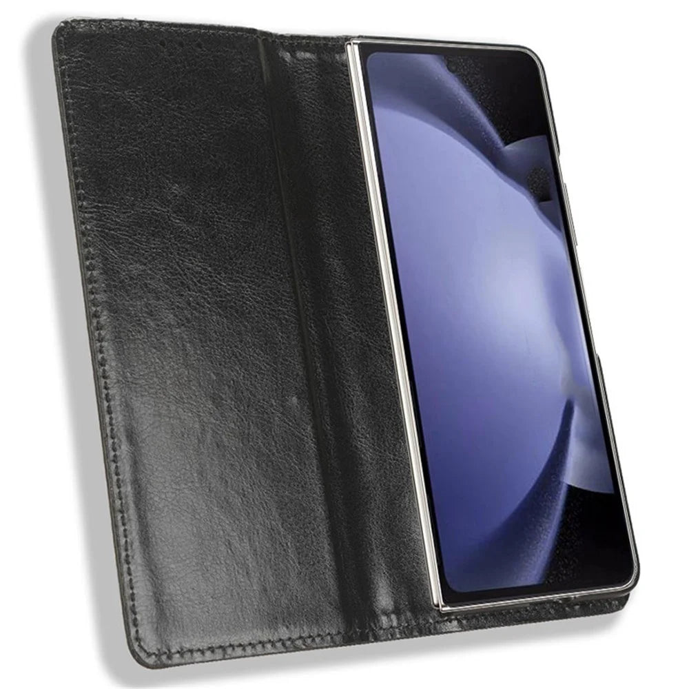 For Samsung Galaxy Z Fold6 5G Case PU Leather Retro Phone Stand Cover - Black - 2