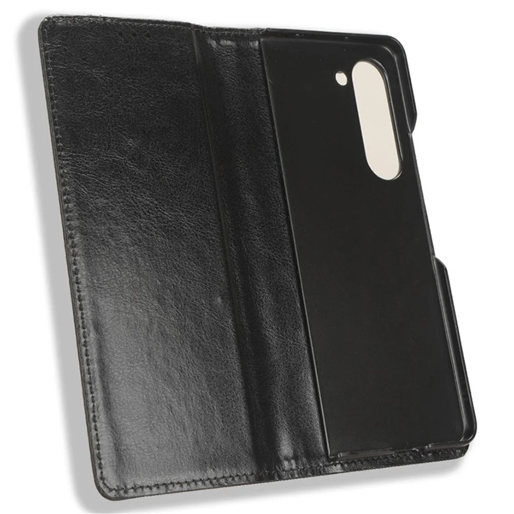 For Samsung Galaxy Z Fold6 5G Case PU Leather Retro Phone Stand Cover - Black - 5