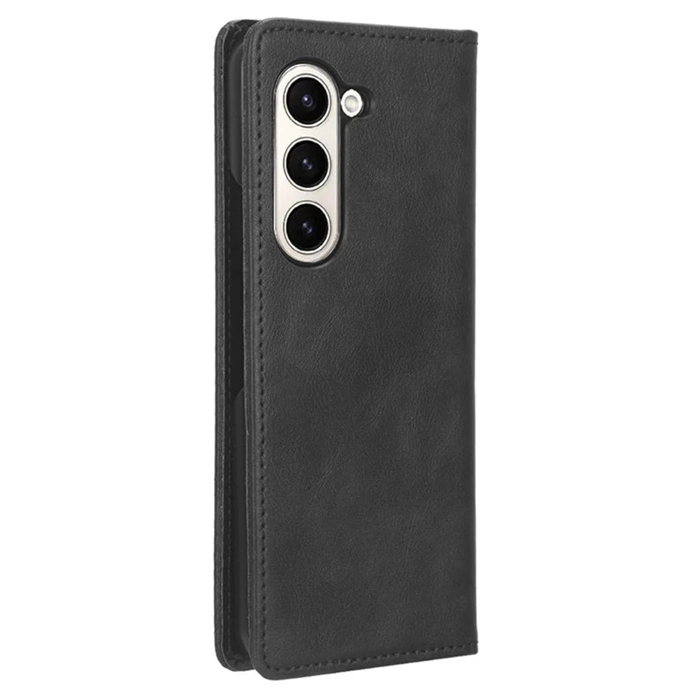 For Samsung Galaxy Z Fold6 5G Case PU Leather Retro Phone Stand Cover - Black - 7