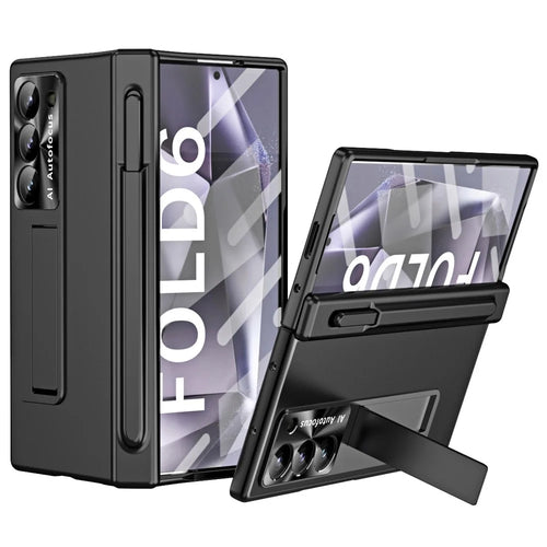 For Samsung Galaxy Z Fold6 5G Had PC Phone Case Kickstand Cover with Pen  /  Pen Slot - Black - 1