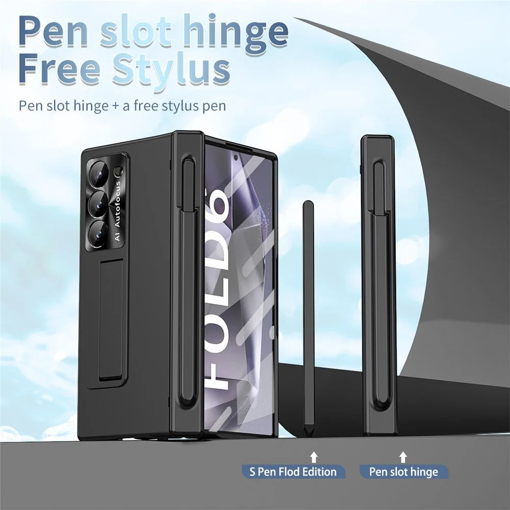 For Samsung Galaxy Z Fold6 5G Had PC Phone Case Kickstand Cover with Pen  /  Pen Slot - Black - 6