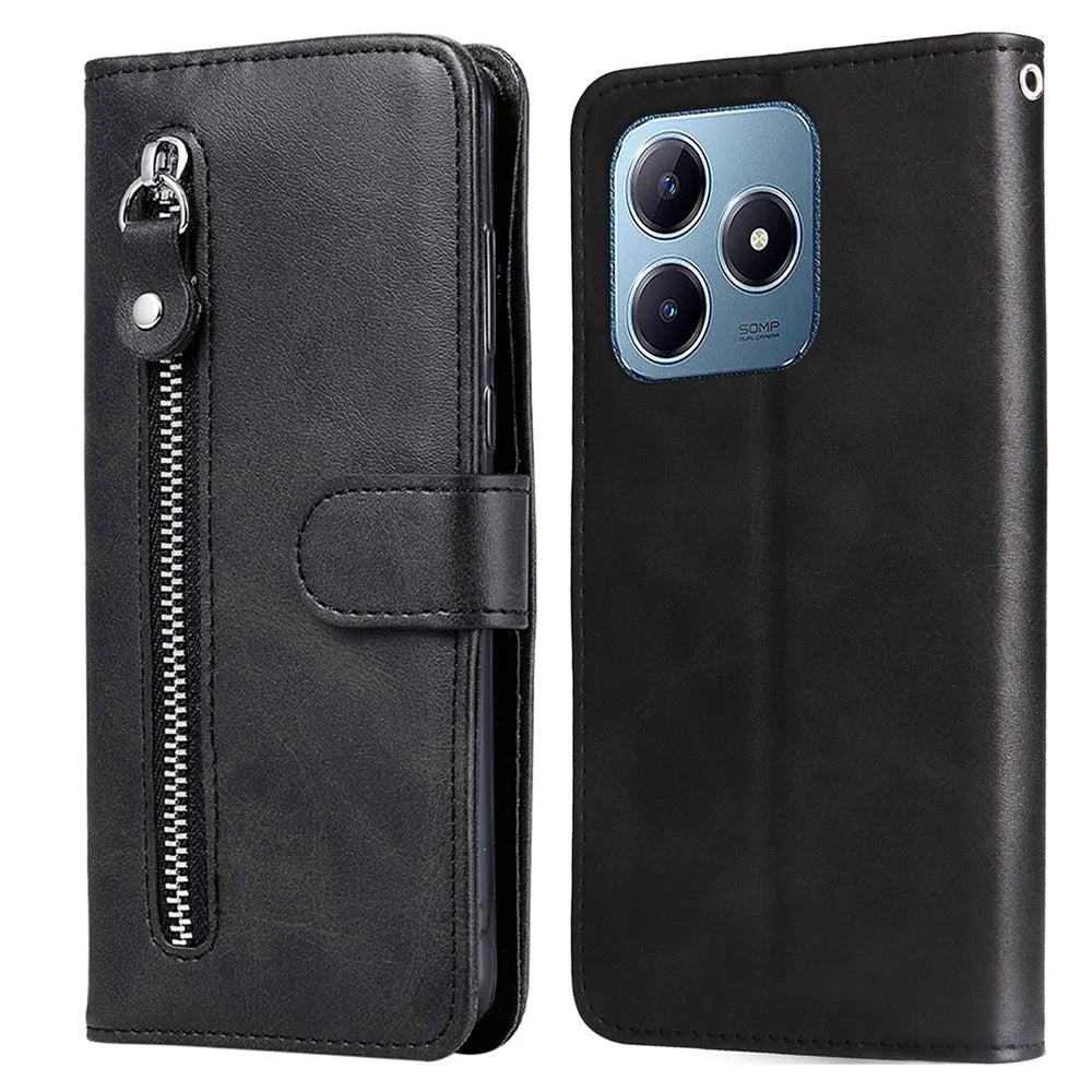 For Realme Note 60x 4G / C63 4G / C61 4G / Note 60 Leather Case Zipper Pocket Phone Cover - Black - 1