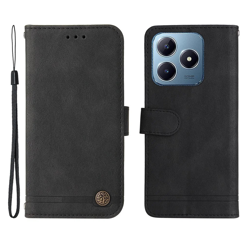 For Realme Note 60x 4G / C63 4G / C61 4G / Note 60 Leather Wallet Cases Skin Touch Phone Cover Stand with Strap - Black - 1