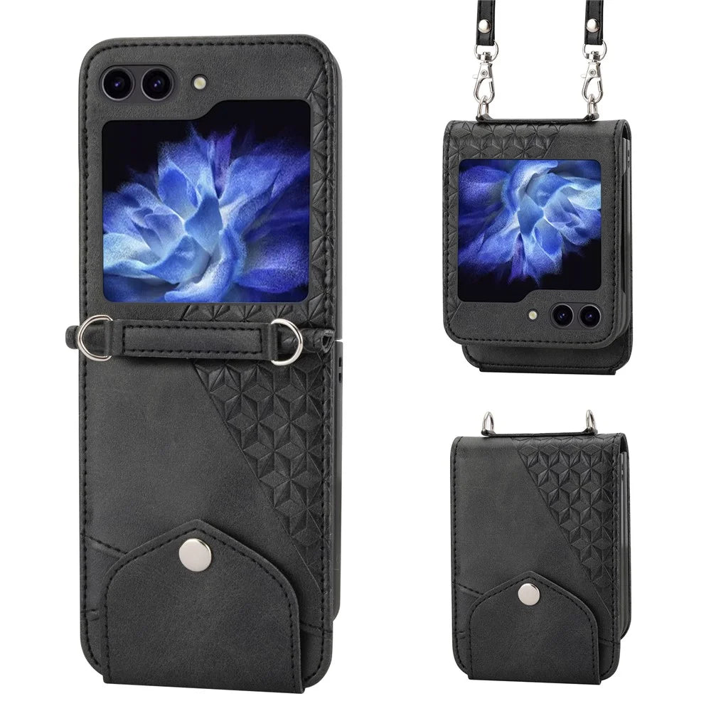 For Samsung Galaxy Z Flip7 FE 5G / Z Flip6 5G Case Calf Texture PU Leather Phone Cover with Shoulder Strap - Black - 1
