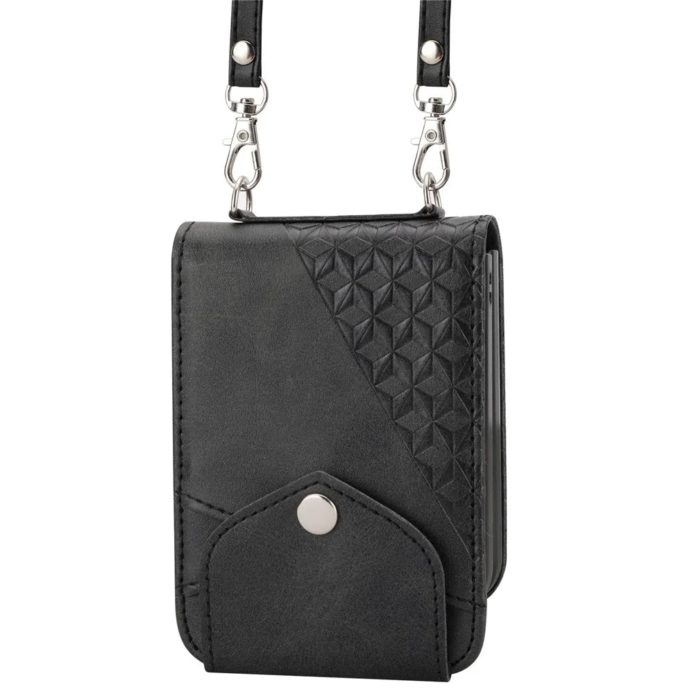 For Samsung Galaxy Z Flip7 FE 5G / Z Flip6 5G Case Calf Texture PU Leather Phone Cover with Shoulder Strap - Black - 2