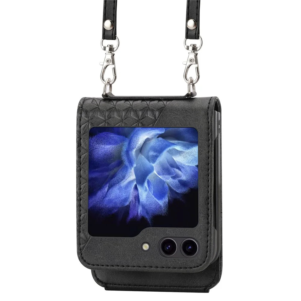 For Samsung Galaxy Z Flip7 FE 5G / Z Flip6 5G Case Calf Texture PU Leather Phone Cover with Shoulder Strap - Black - 3
