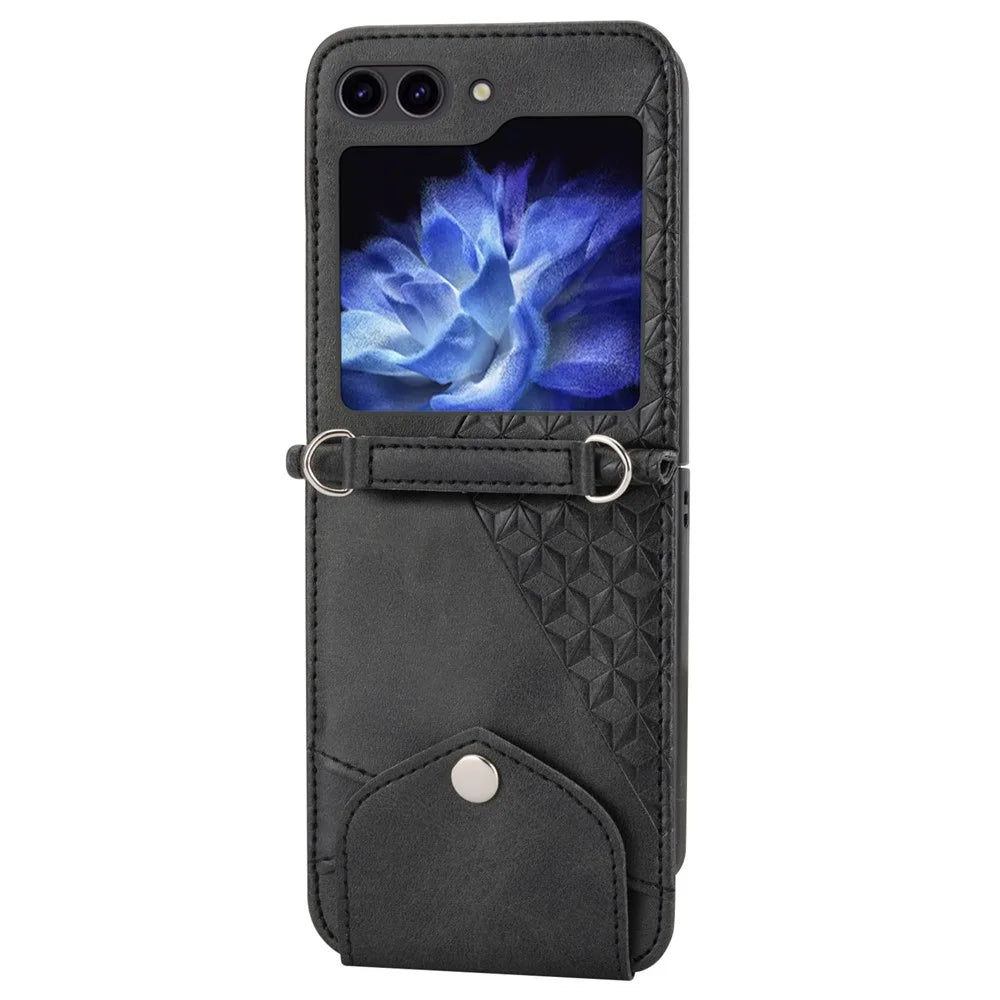 For Samsung Galaxy Z Flip7 FE 5G / Z Flip6 5G Case Calf Texture PU Leather Phone Cover with Shoulder Strap - Black - 4