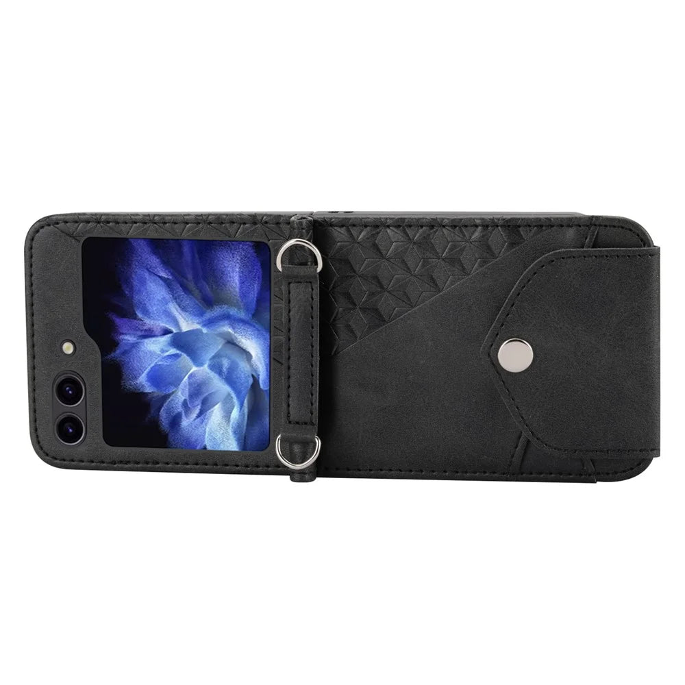 For Samsung Galaxy Z Flip7 FE 5G / Z Flip6 5G Case Calf Texture PU Leather Phone Cover with Shoulder Strap - Black - 5