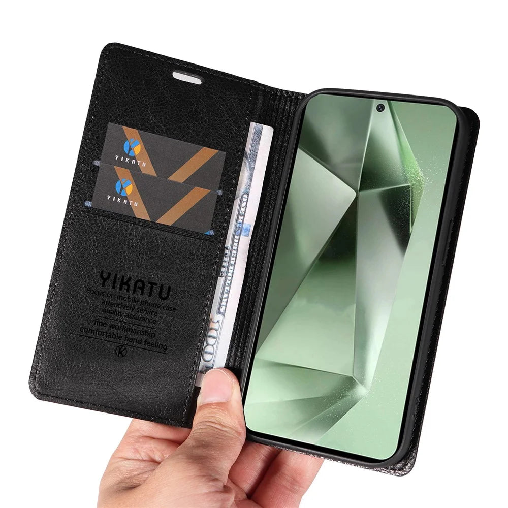 YIKATU YK-006 For Samsung Galaxy S24 FE Case Litchi Texture Leather Wallet Flip Phone Cover - Black - 6