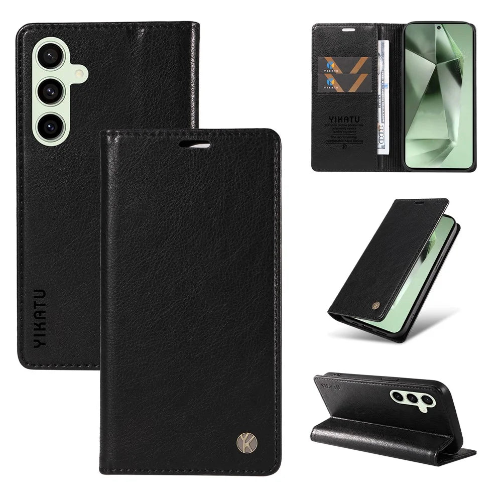 YIKATU YK-006 For Samsung Galaxy S24 FE Case Litchi Texture Leather Wallet Flip Phone Cover - Black - 7