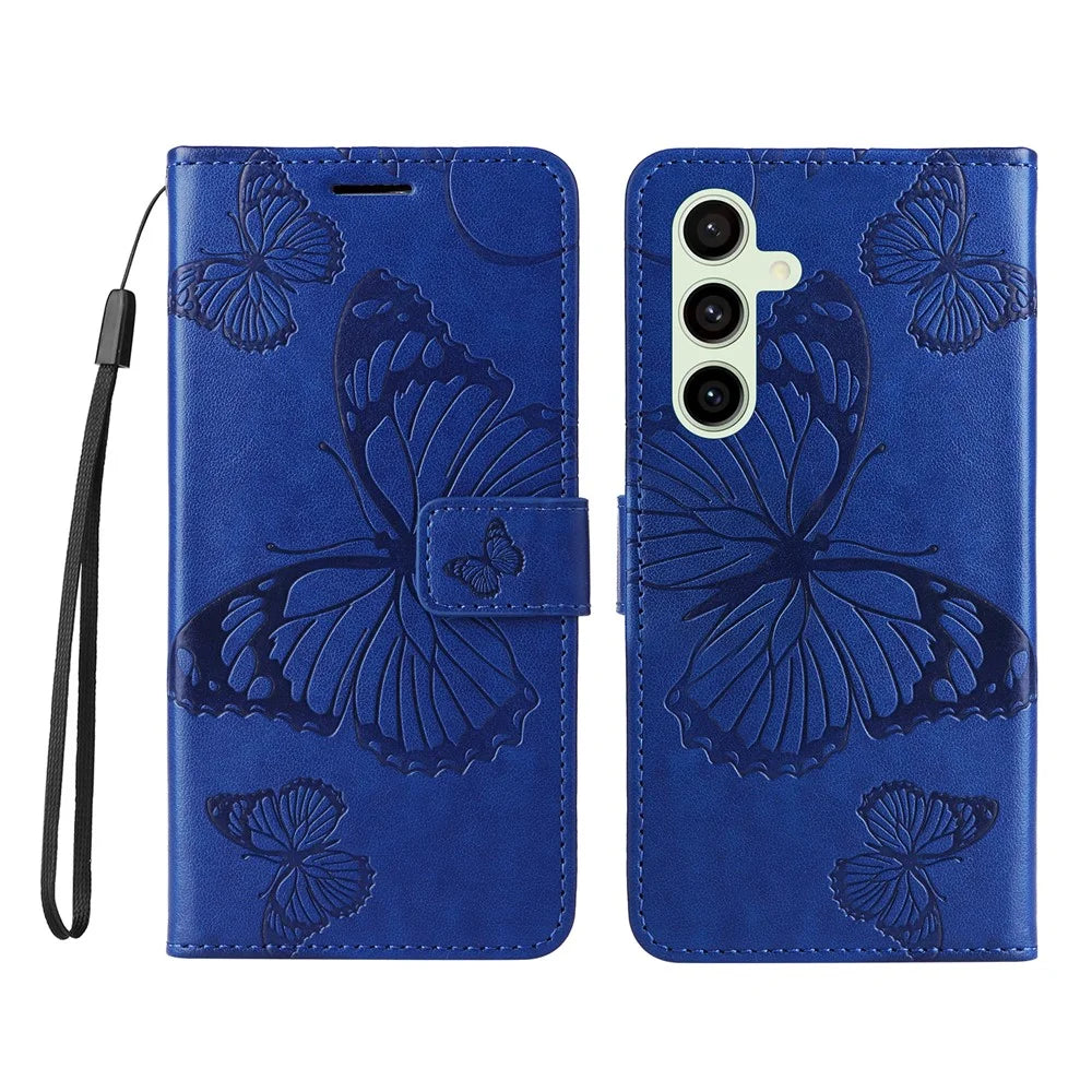 For Samsung Galaxy S24 FE Wallet Case Floral Butterfly Imprinted Leather Phone Cover Stand - Blue - 1