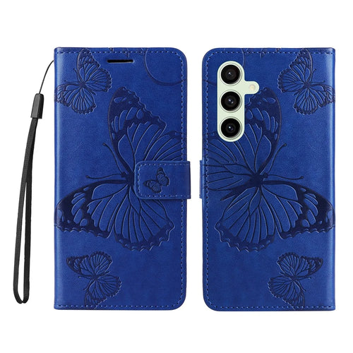 For Samsung Galaxy S24 FE Wallet Case Floral Butterfly Imprinted Leather Phone Cover Stand - Blue - 1