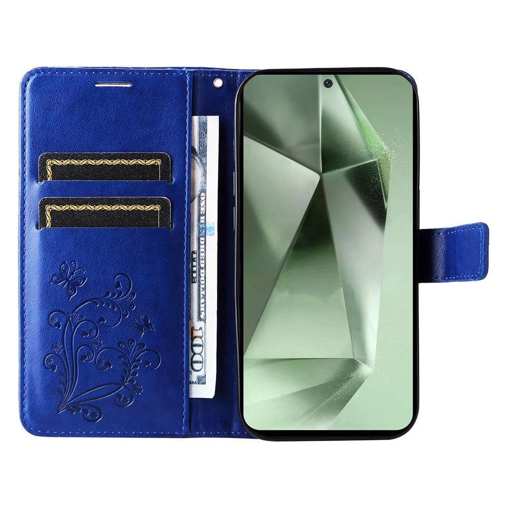 For Samsung Galaxy S24 FE Wallet Case Floral Butterfly Imprinted Leather Phone Cover Stand - Blue - 2