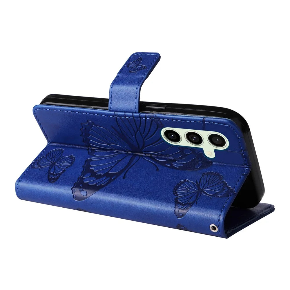 For Samsung Galaxy S24 FE Wallet Case Floral Butterfly Imprinted Leather Phone Cover Stand - Blue - 3