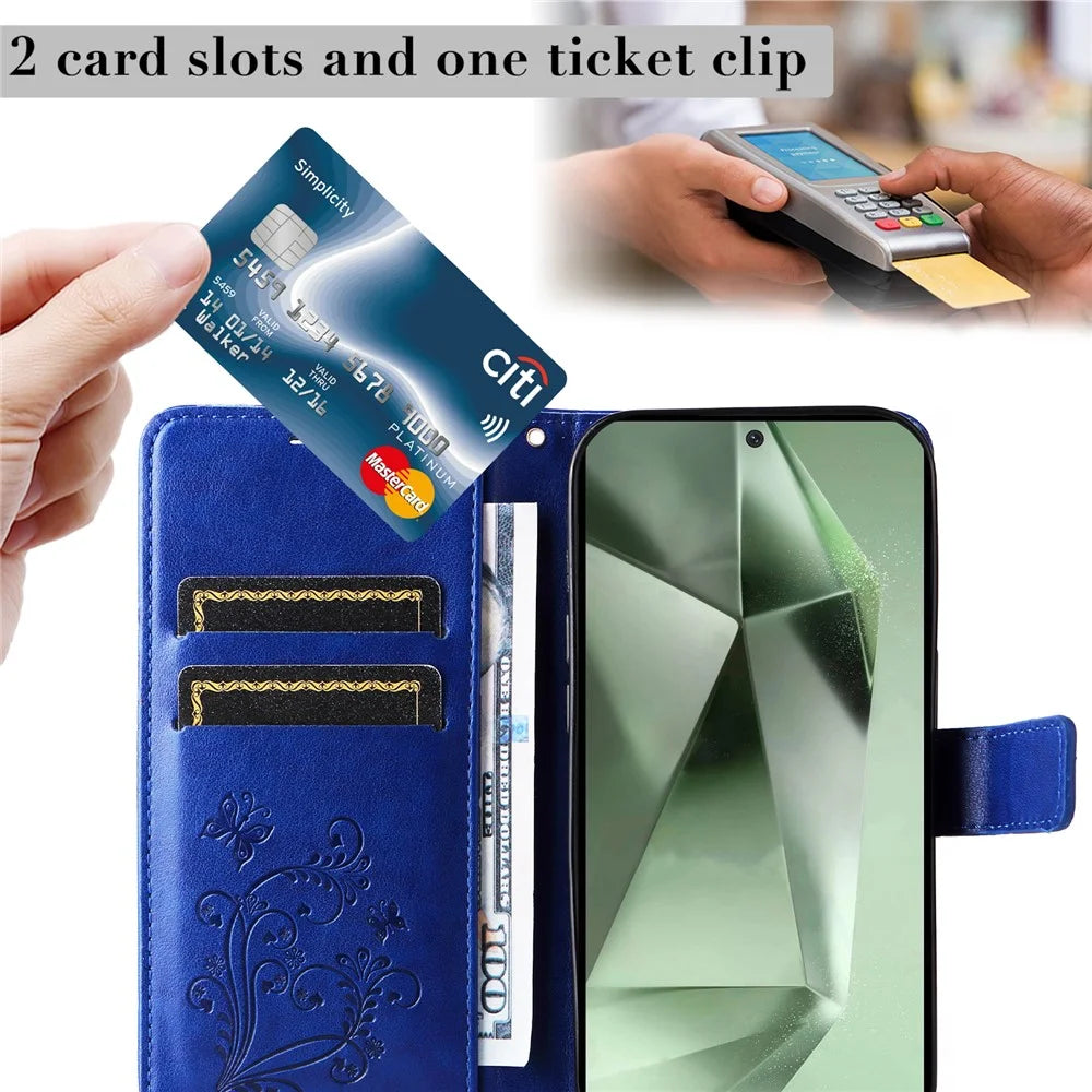 For Samsung Galaxy S24 FE Wallet Case Floral Butterfly Imprinted Leather Phone Cover Stand - Blue - 5