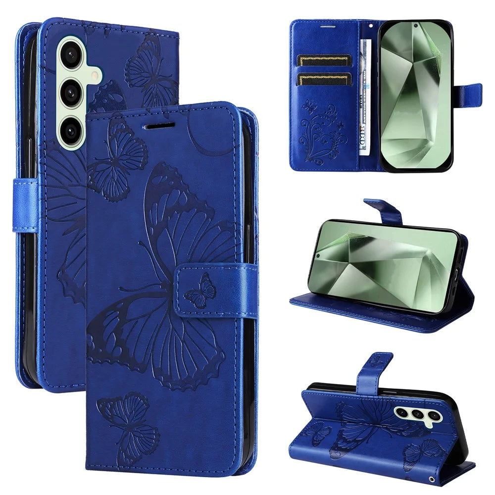 For Samsung Galaxy S24 FE Wallet Case Floral Butterfly Imprinted Leather Phone Cover Stand - Blue - 6