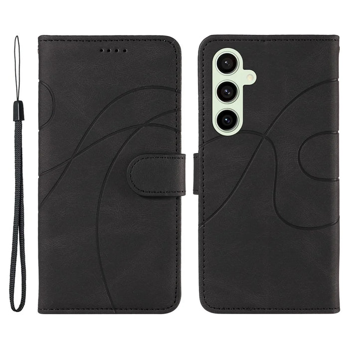 For Samsung Galaxy S24 FE Leather Case Wallet Cover Curved Line Imprinted - Black - 1