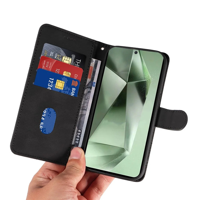 For Samsung Galaxy S24 FE Leather Case Wallet Cover Curved Line Imprinted - Black - 6