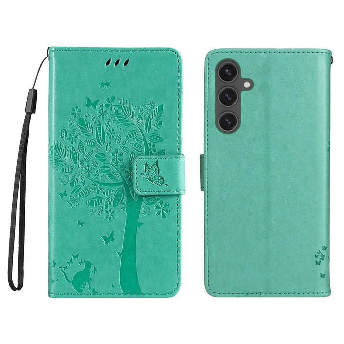 For Samsung Galaxy S24 FE Phone Case with Stand Cat Tree Pattern Leather Wallet Mobile Cover - Green - 1