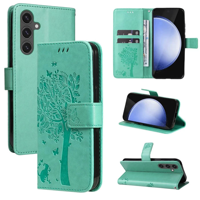For Samsung Galaxy S24 FE Phone Case with Stand Cat Tree Pattern Leather Wallet Mobile Cover - Green - 6