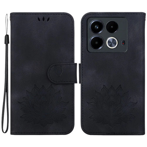 For Infinix Note 40 Phone Case Lotus Imprint Leather Stand Wallet Cover - Black - 1