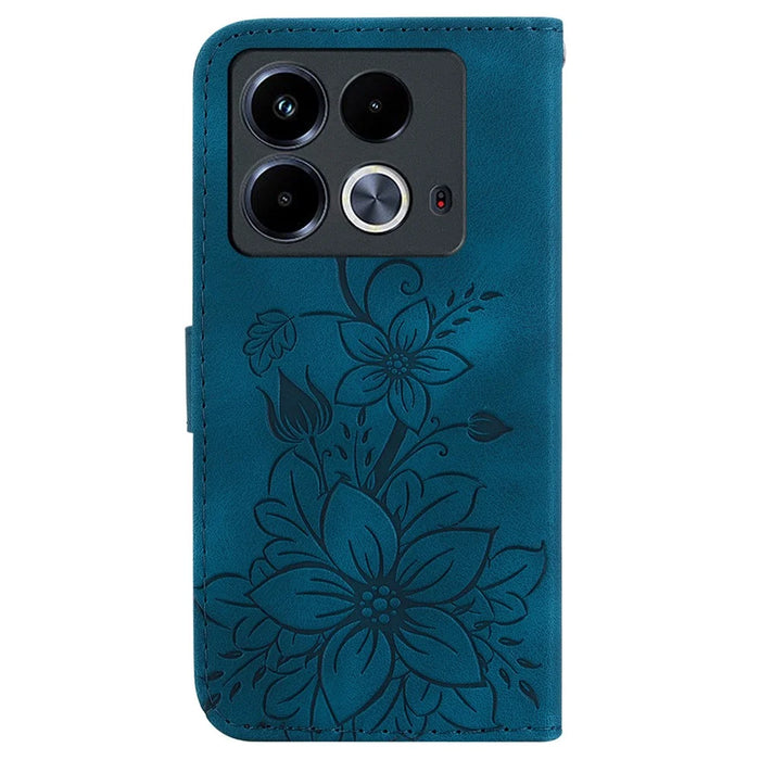For Infinix Note 40 Stand Case Lily Flower Imprint Anti-Drop Leather Phone Cover - Dark Blue - 7