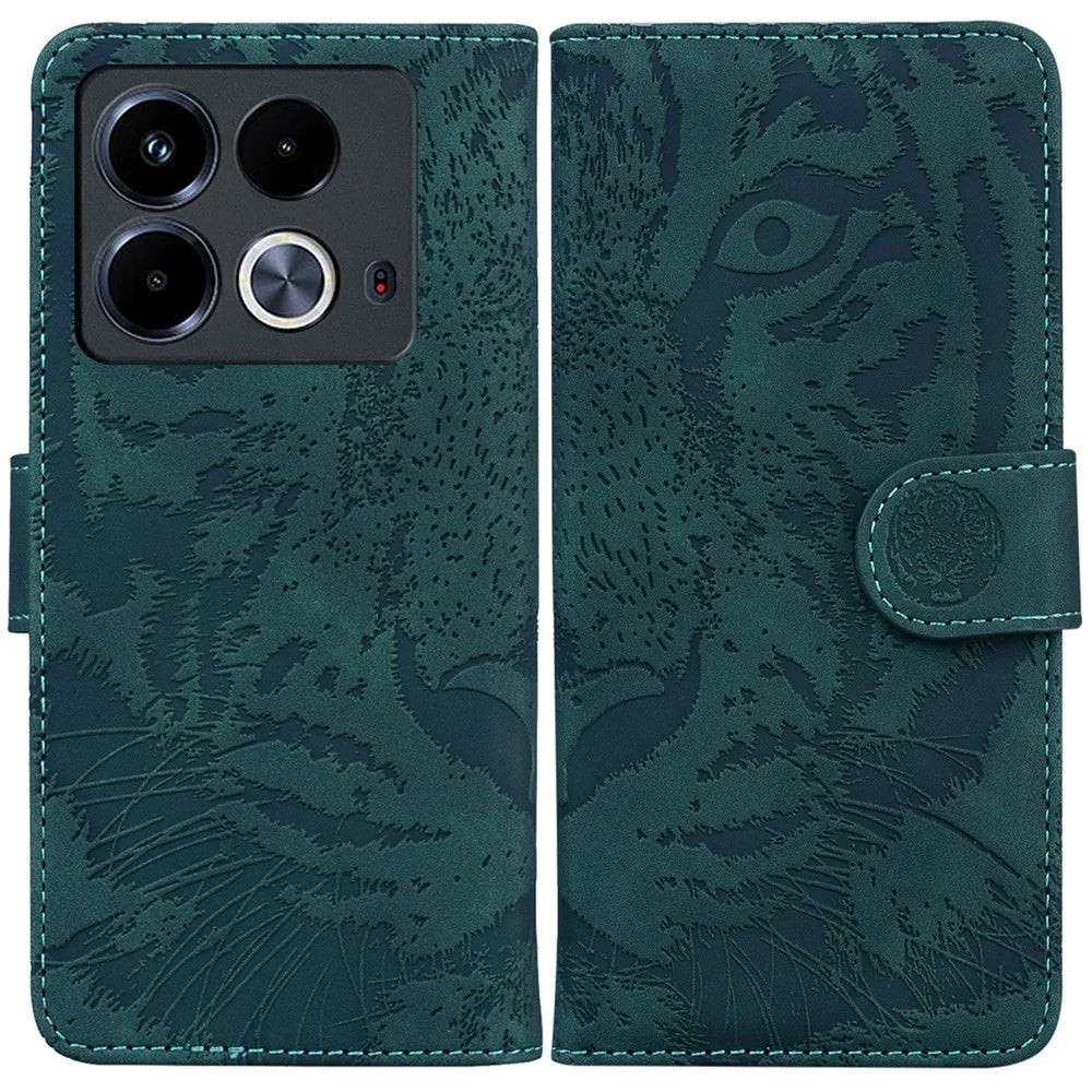 For Infinix Note 40 Case Tiger Imprint Stand Leather Phone Cover - Green - 1