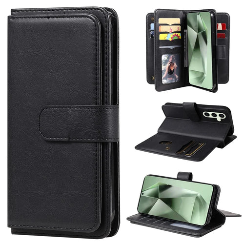 For Samsung Galaxy S24 FE Leather Case with 10 Card Holder Phone Cover Stand - Black - 1