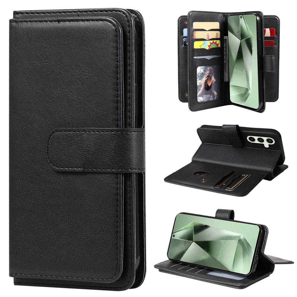 For Samsung Galaxy S24 FE Leather Case with 10 Card Holder Phone Cover Stand - Black - 1