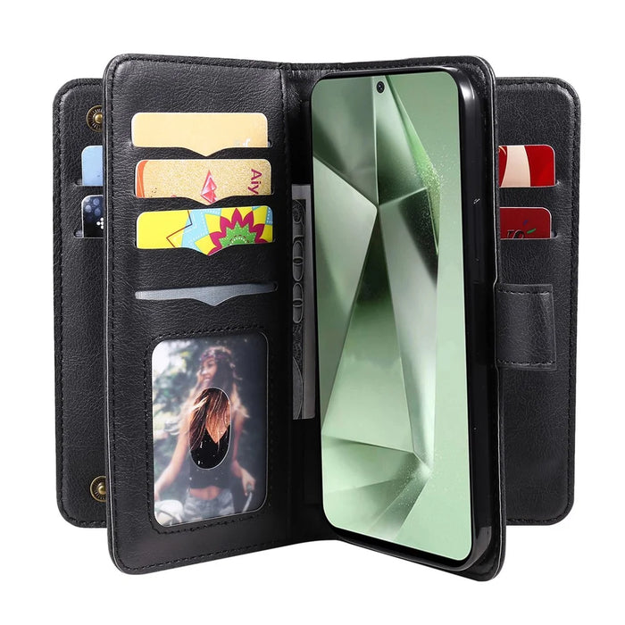 For Samsung Galaxy S24 FE Leather Case with 10 Card Holder Phone Cover Stand - Black - 6