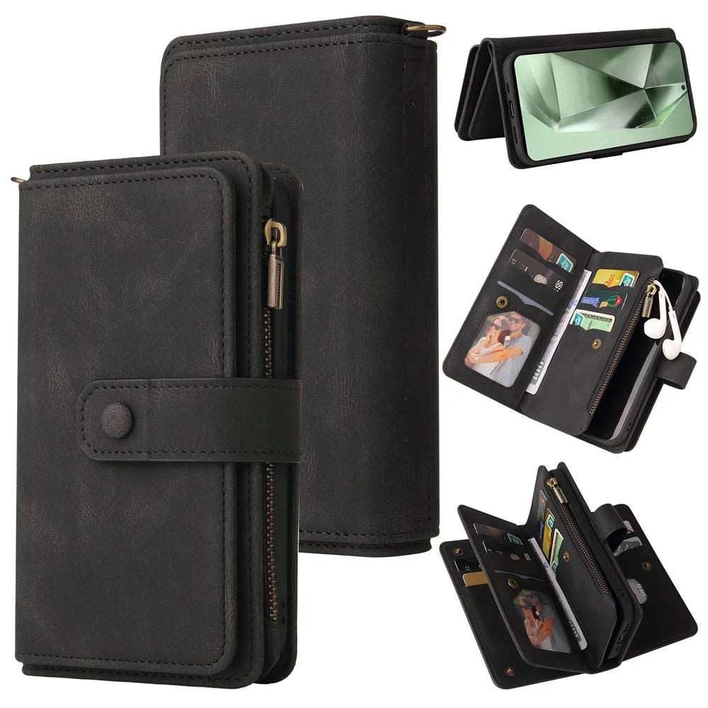 For Samsung Galaxy S24 FE Zipper Wallet Case with 15 Card Slots and Strap Leather Phone Cover - Black - 1