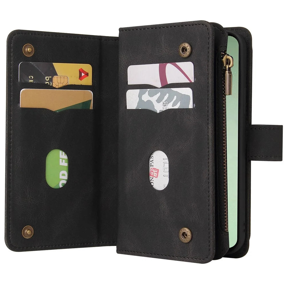 For Samsung Galaxy S24 FE Zipper Wallet Case with 15 Card Slots and Strap Leather Phone Cover - Black - 2