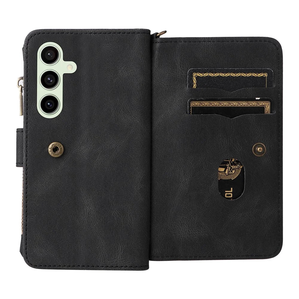 For Samsung Galaxy S24 FE Zipper Wallet Case with 15 Card Slots and Strap Leather Phone Cover - Black - 5