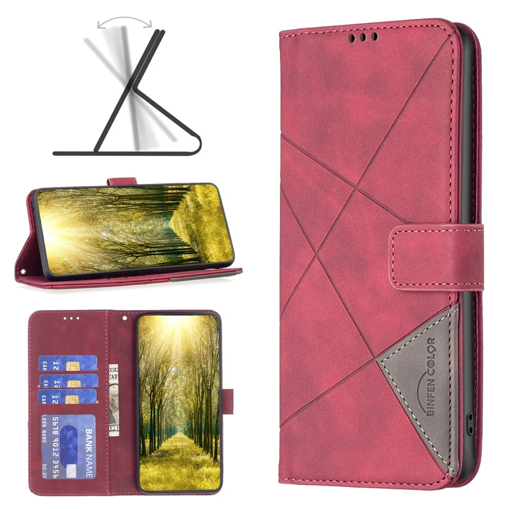 BINFEN COLOR For HMD Pulse+ Phone Cases Wallet Stand Geometry Imprint Leather Cover - Red - 4