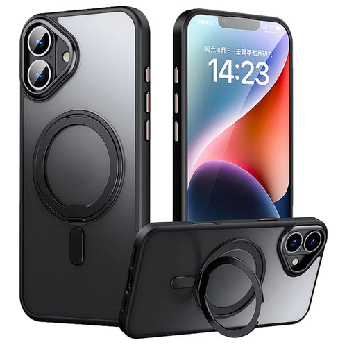 For iPhone 16 Plus Case Compatible with MagSafe TPU+Acrylic+Metal Kickstand Matte Phone Cover - Black - 1