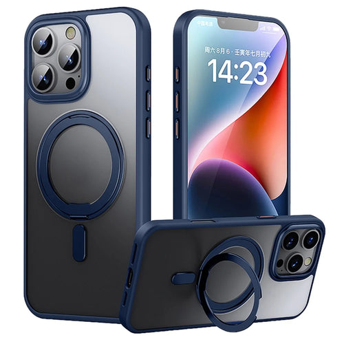 For iPhone 16 Pro Case Compatible with MagSafe TPU+Acrylic+Metal Kickstand Matte Phone Cover - Dark Blue - 1